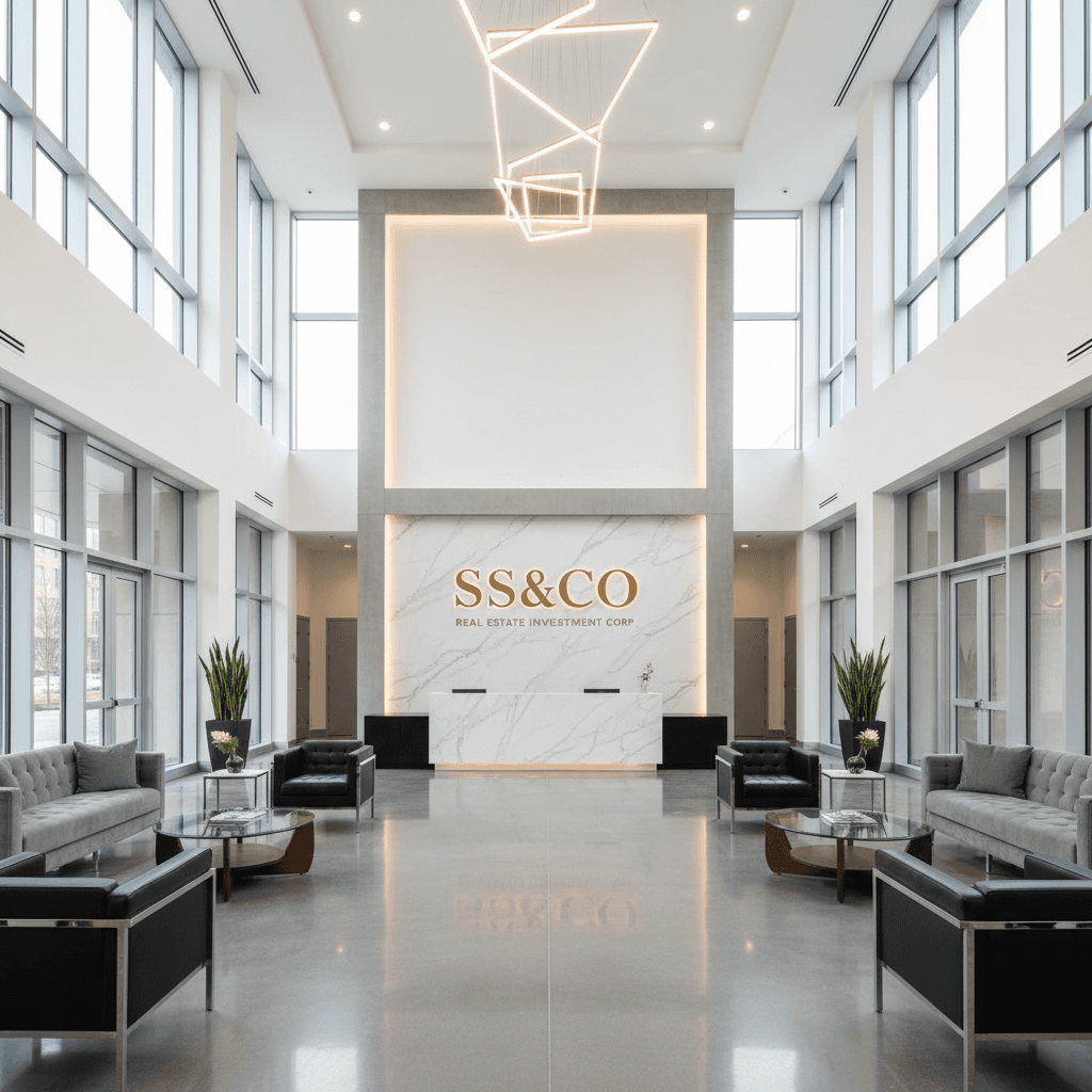 Luxurious modern apartment lobby with high ceilings, natural light, and sleek furniture