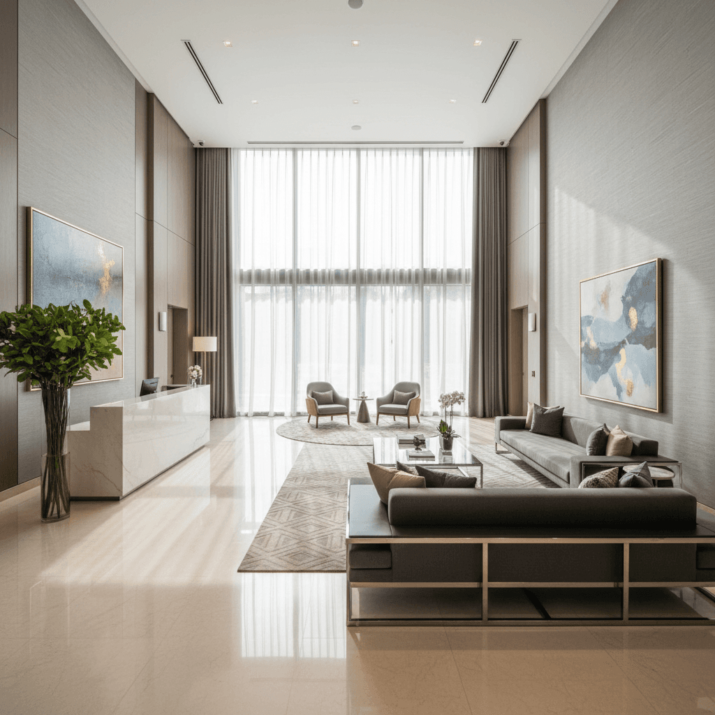 Luxurious modern apartment lobby with high ceilings and sleek furniture.