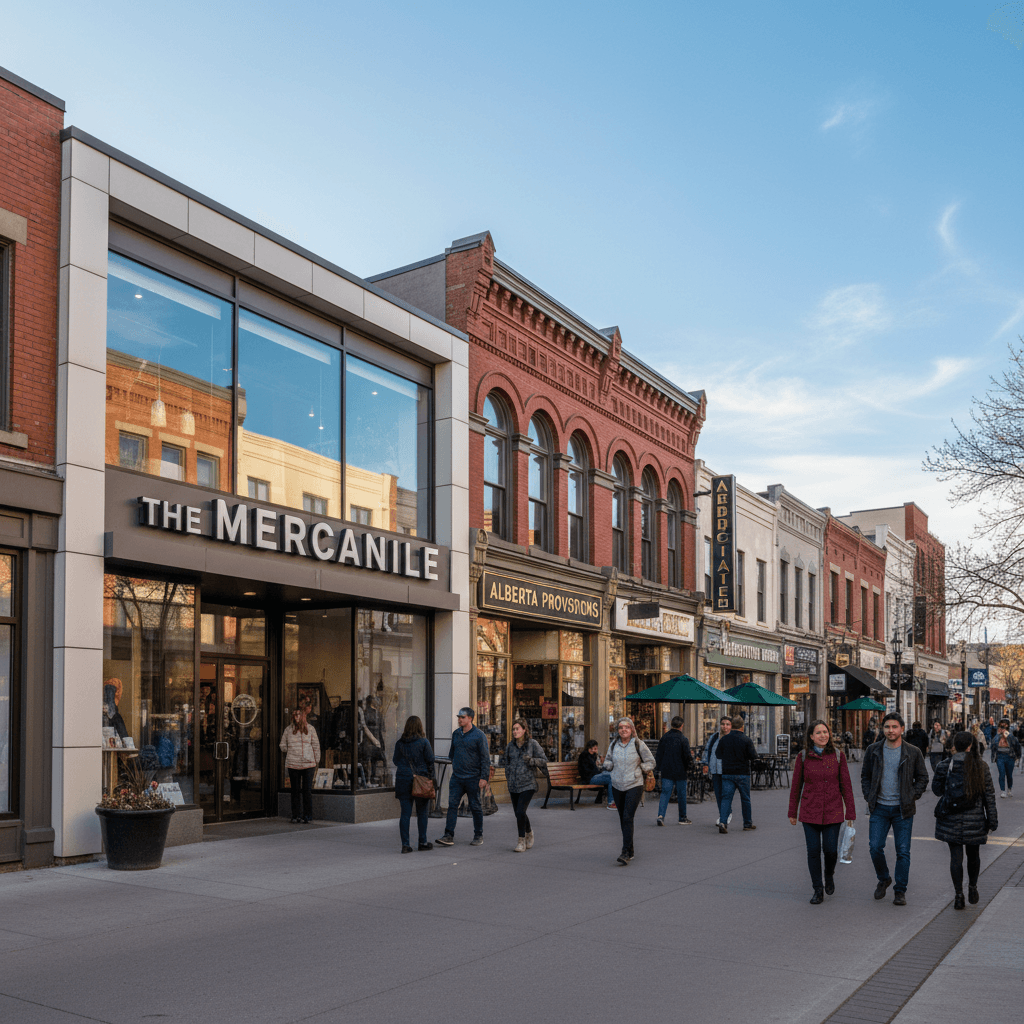 Street view of retail properties in Edmonton with people and storefronts.