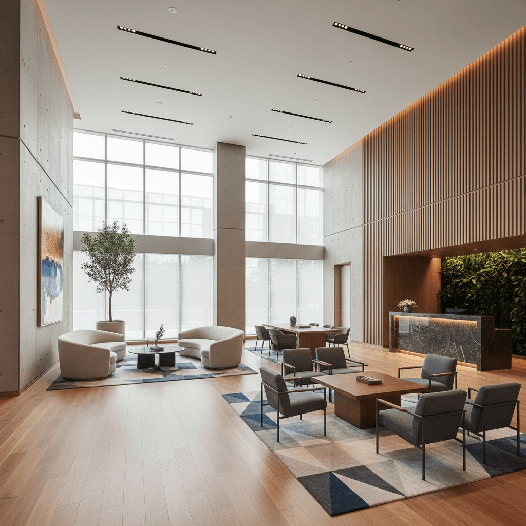 Modern apartment lobby with high ceilings, natural light, and sleek furniture.