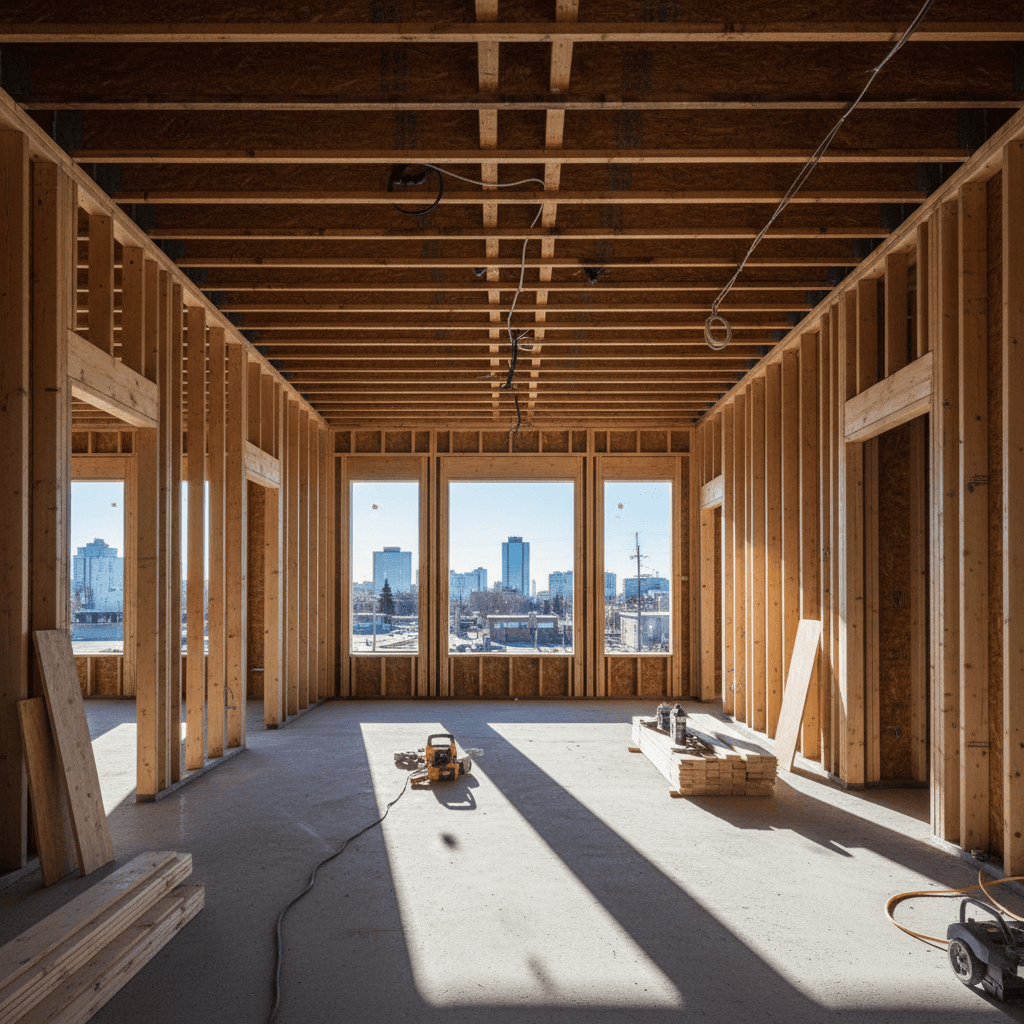 Interior view of a modern multifamily apartment under construction with exposed wooden joists and natural light.