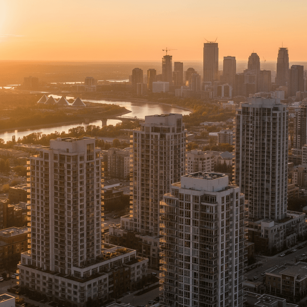 Edmonton skyline featuring multifamily apartments in warm golden hour light.