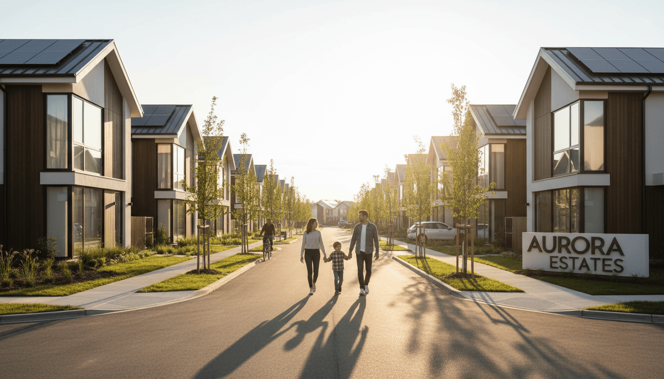 Modern homes with solar panels and a family strolling through a tree-lined community at sunset