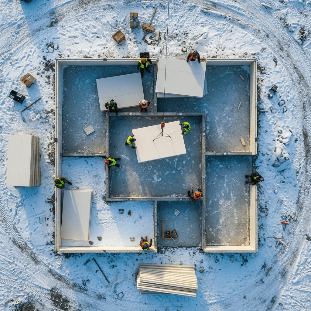 Overhead view of workers constructing insulated wall panels on snowy foundation.