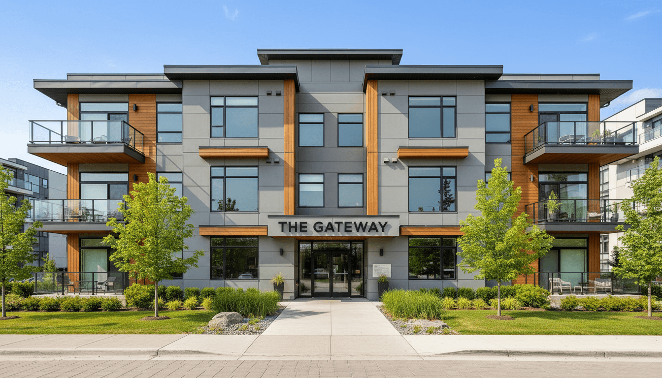 Well-maintained multi-story residential apartment building with modern facade, landscaping, and clear entrance area
