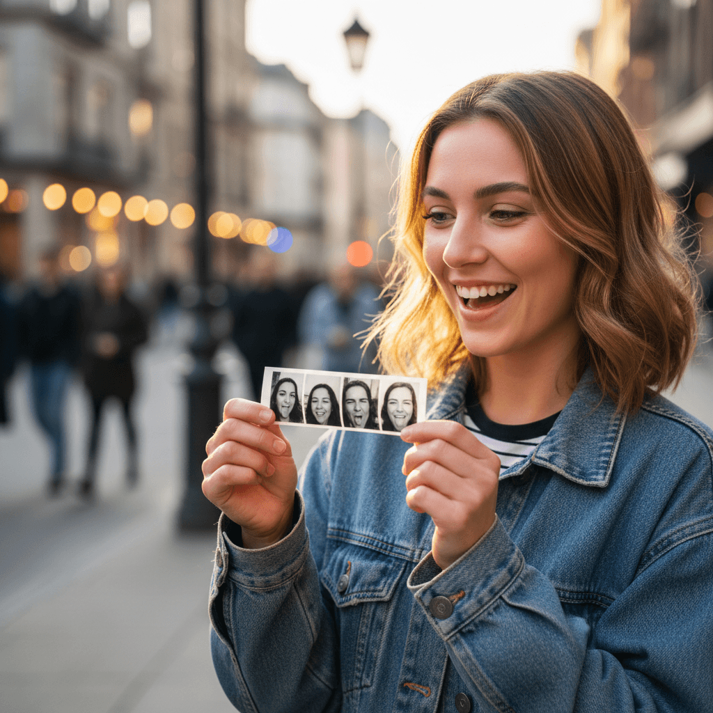 Woman smiling while holding a black and white instant photo strip, examining multiple frames outdoors on a sunny street