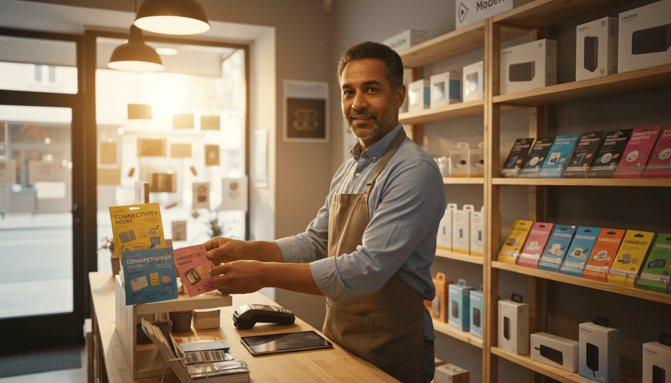 Friendly shopkeeper organizing prepaid Wi-Fi vouchers on display shelves in neighborhood retail store interior