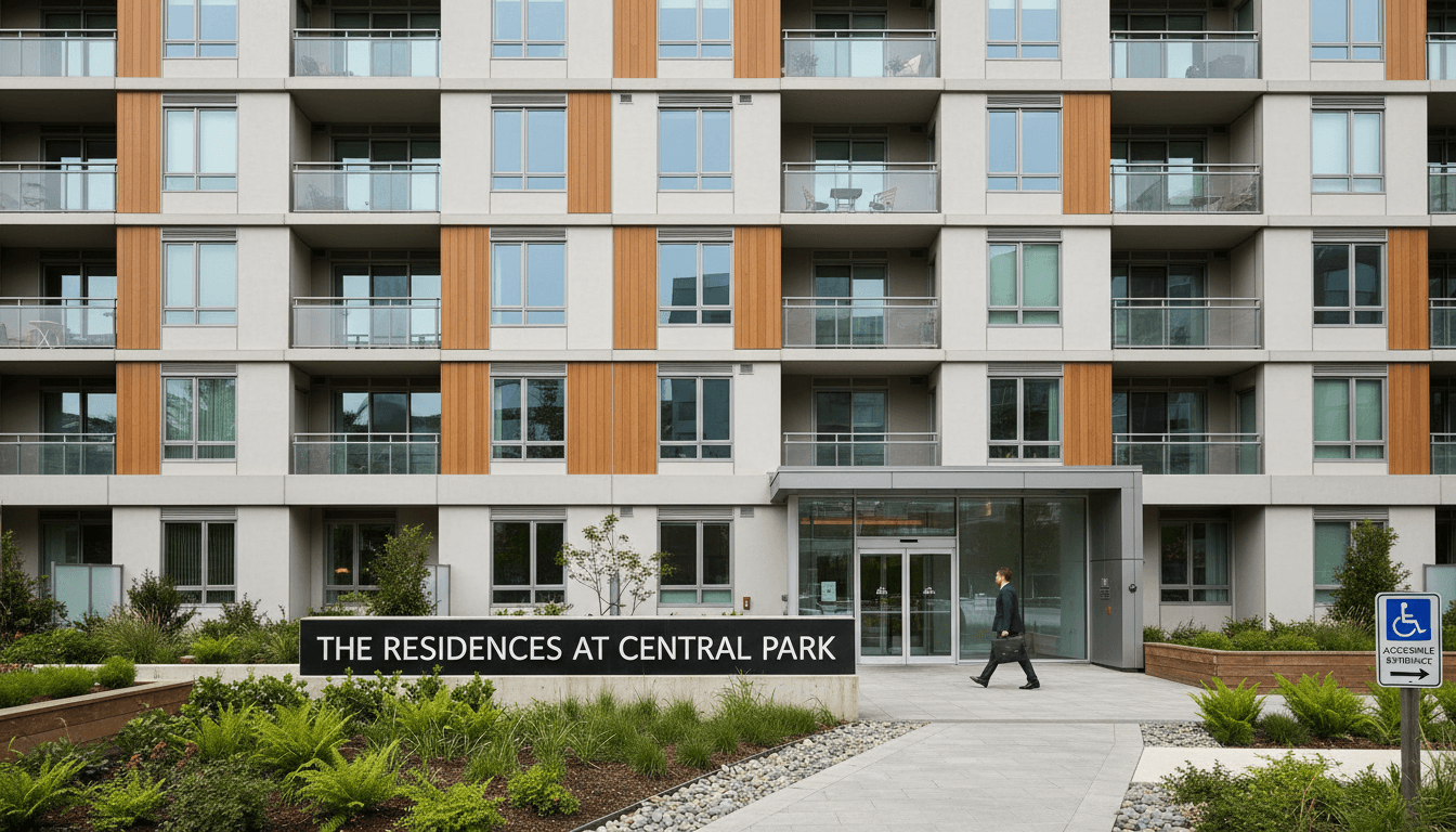 Well-maintained multi-story residential apartment building with modern facade, landscaping, and clear entrance area