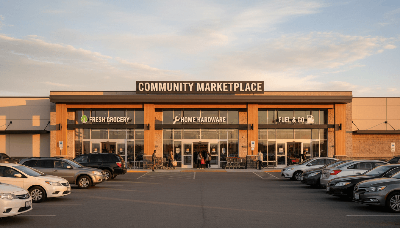 Community shopping hub exterior with multiple service facilities visible, customers entering with shopping bags, modern storefront in afternoon sunlight