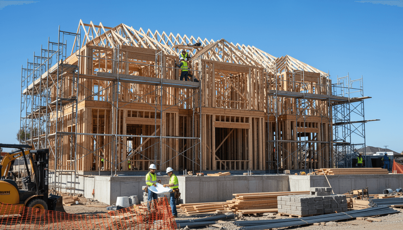 Residential home construction project showing structural framing, roof trusses, and diverse construction workers on multi-level scaffolding system