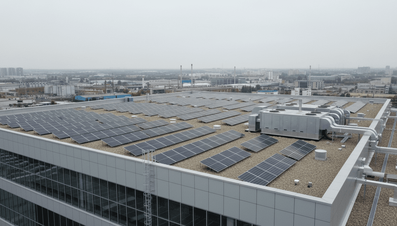 Large-scale solar panel array installed on commercial industrial building rooftop with city landscape background