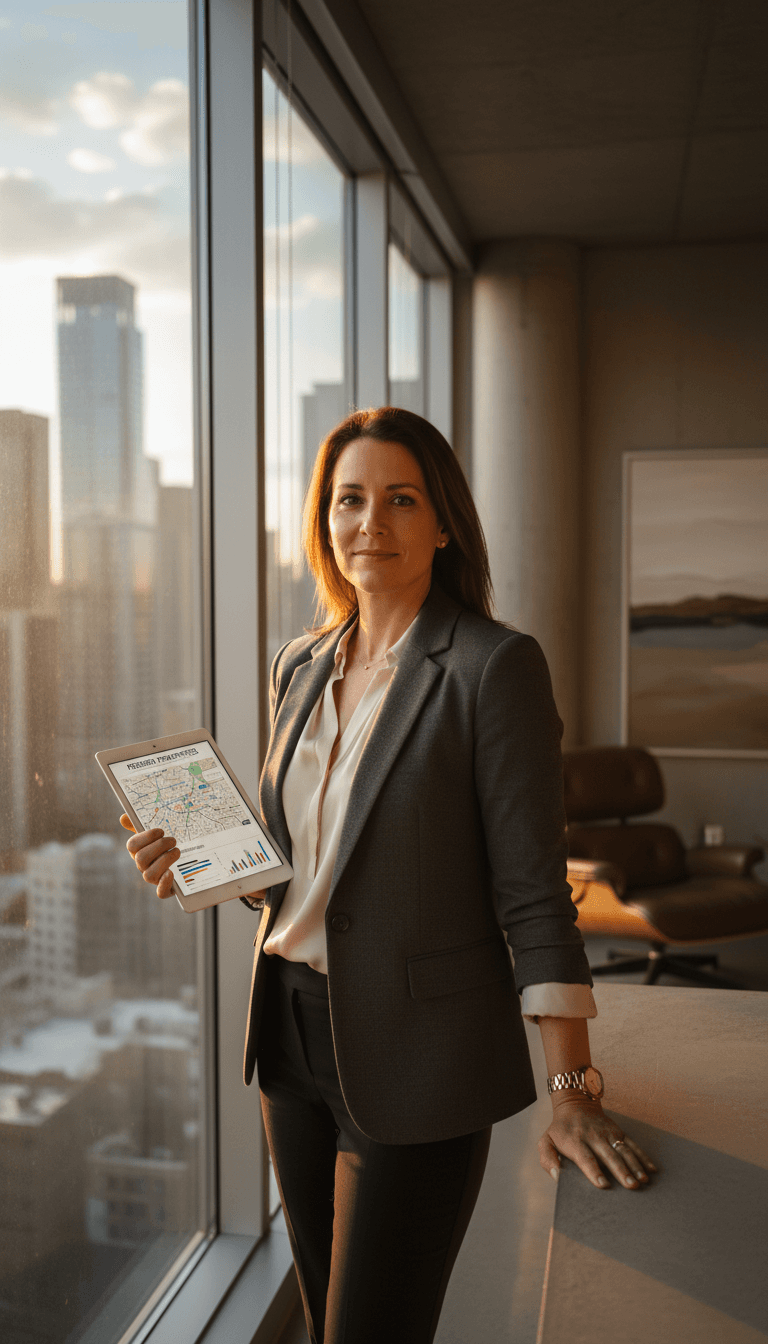 Professional real estate consultant standing confidently in modern apartment with city skyline visible through windows